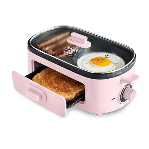 GreenLife 3-in-1 Breakfast Maker Station, Healthy Ceramic Nonstick Dual Griddles for Eggs Meat Sausage Bacon Pancakes and Breakfast Sandwiches, 2 Slice Toast Drawer, Easy-to-use Timer, Pink - Image 1