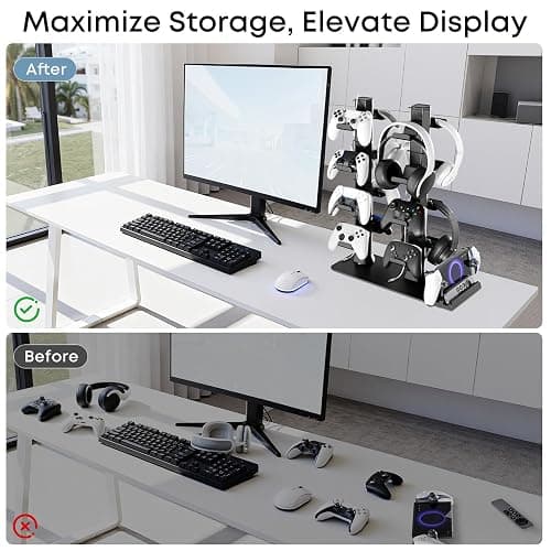 Headphone and Game Controller Desk Stand for PS5/ Xbox/ PS4 Controller, 4 Tiers Headset Hanger with Organizer for Switch 2/1/PS Portal Game Console, Multiple Controller Storage Dispay Rack-16 Hooks thumbnail 5