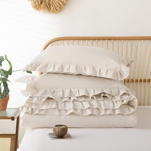 YIKUSH Ruffle Comforter Set Queen Size – Beige Soft Tufted Queen Bedding Set for All Seasons, Fluffy Shabby Chic Bed Set with 2 Pillowcases thumbnail 5