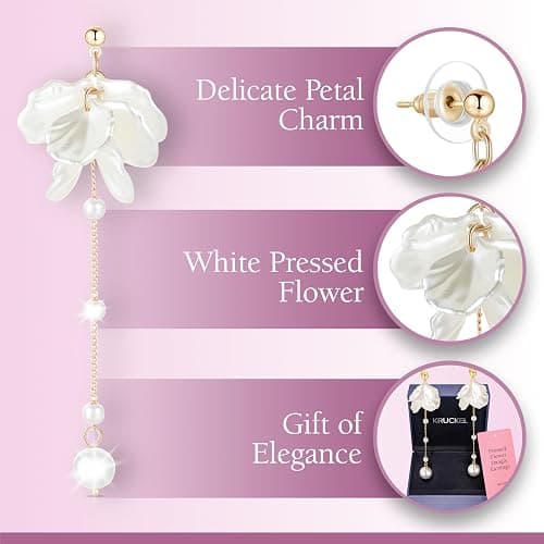 KRUCKEL White Pressed Flower Dangle Earrings | Golden Studs with Pearl like Drops | Hypoallergenic, Lightweight Jewelry for Women | Sparkle at Birthday, Anniversary, Graduation, Wedding thumbnail 3