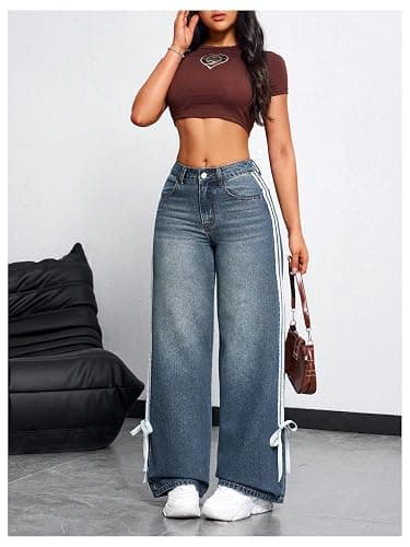MakeMeChic Women's Straight Wide Leg Denim Pants Striped Bow Rise Jeans with Pocket Y2K Streetwear thumbnail 6