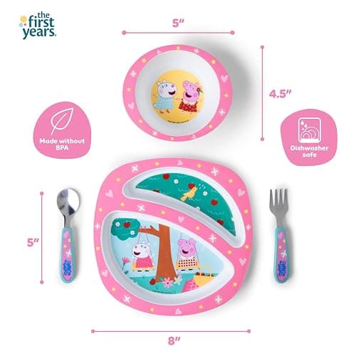 The First Years Peppa Pig Toddler Dinnerware Set - Includes Plate, Divided Bowl, and Utensils - Dishwasher Safe Feeding Supplies Made without BPA - 4 Count thumbnail 3