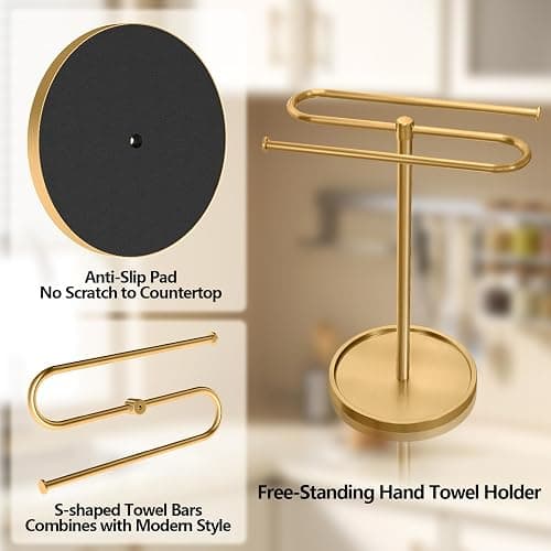 Bathroom Hand Towel Holder Stand Gold, S-Shape Countertop Towel Standing, Stainless Steel Towel Rack Bar Holds 2 Towels for Kitchen thumbnail 6
