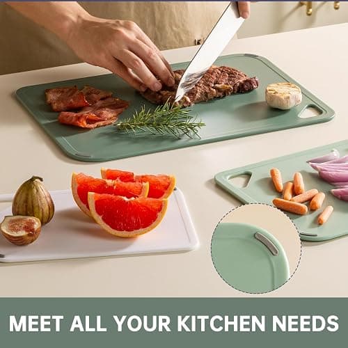 THETCHRY Plastic Cutting Board Set of 3-Cutting Boards for Kitchen BPA Free | Large-Small Chopping Boards, Non-Slip for Cooking, Dishwasher Safe, Camping, Portable, with Grip Handle, Sage Green thumbnail 6