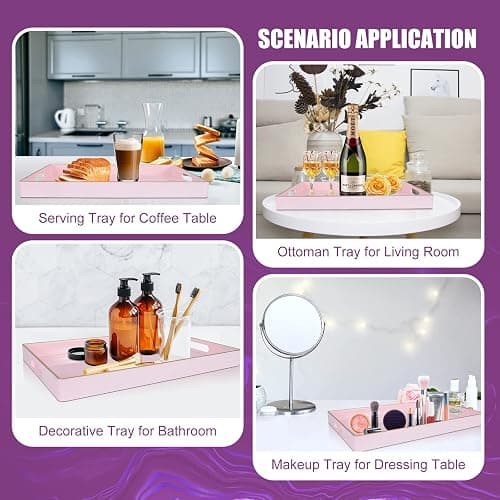 Gifturbo Pink Serving Trays,Decorative Serving Tray with Handles, Coffee Table Rectangular Trays Plastic Tray for Ottoman Bathroom,Living Room, 15.7” x 10.2” x1.37” thumbnail 6