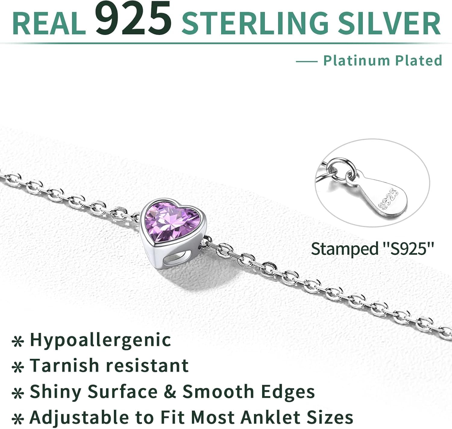 ChicSilver 925 Sterling Silver Anklets for Women, Simple Dainty Round/Heart Birthstone Ankle Bracelet Beach Foot Jewelry, 8.7-10.7 Inch Adjustable - 06. Heart - June(Alexandrite) thumbnail 5