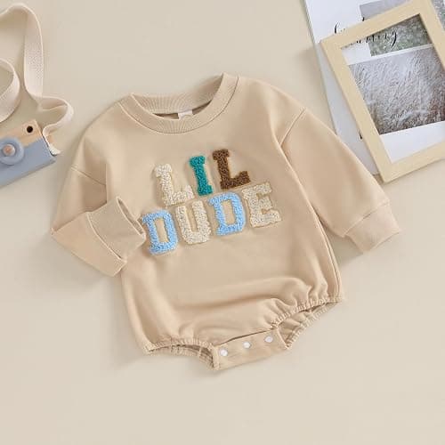 VISGOGO Newborn Infant Baby Boy Girls Oversized Romper Little Dude Sweater Onesie Coming Home Outfit Neutral Clothes - 0-3 Months - Khaki-little Dude thumbnail 3