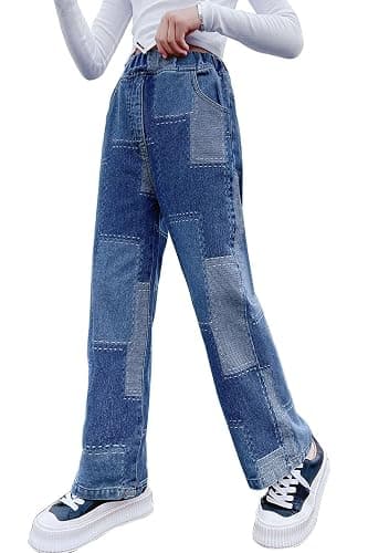 LAVIQK Big Girls Baggy Jeans Casual Patchwork Denim Jeans Elastic Wasit Wide Leg Ripped Pants Bell Bottoms for 4-14 Years - 1-blue Patchwork - 8-9 Years - Image 1