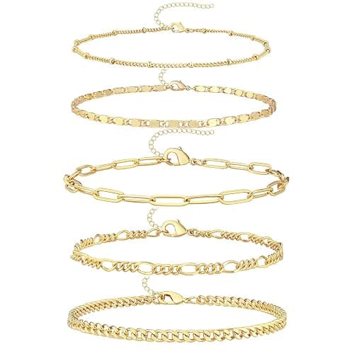 Ankle Bracelets for Women Waterproof Gold Jewelry Set Layered Cuban Figaro Link Chains Adjustable Size Gold Anklets Gift for Daily Wear - 5Pcs Gold - One Size - Image 1