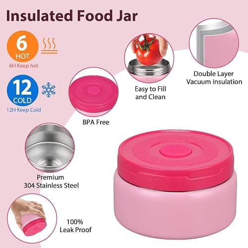 Kids Bento Lunch Box Set with 9.5oz Soup Thermo, Leak-Proof Lunch Food Containers with 3 Compartment and Removable Inner Tray, Insulated Hot Food Jar with Lunch Bag for School, Office, Pink thumbnail 4