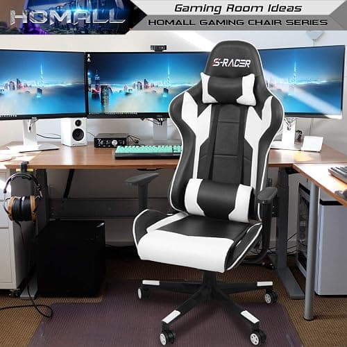 Homall Gaming Chair, Office Chair High Back Computer Chair Leather Desk Chair Racing Executive Ergonomic Adjustable Swivel Task Chair with Headrest and Lumbar Support (White) thumbnail 2