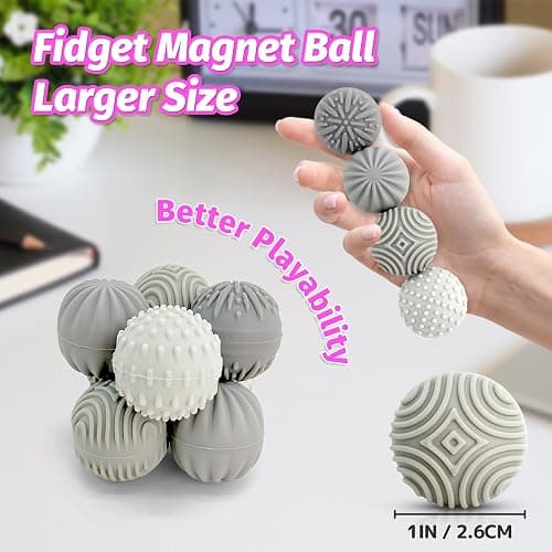 Weighted Magnetic Fidget Balls - 4 PCS Silicone Stress Relief Balls Stone for Adults Sensory Travel Toys for Calming,Stress,Autism and ADHD,Gifts for Kids Girls Boys with Case, Grey thumbnail 2
