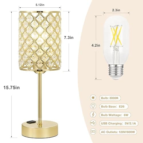 Hong-in Gold Lamps for Night Stands-Crystal Table Lamp with USB-C+A & AC Charging Ports, 3-Way Dimmable Nightstand Touch Lamp, Bedside Desk lamp for Bedroom Living Room Home Office thumbnail 5