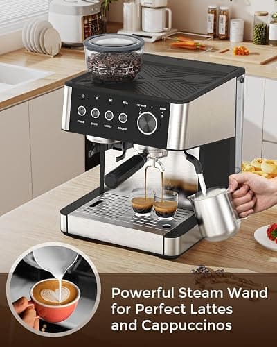 (2025 Upgrade)20 Bar Espresso Machine with Built-in Anti-Clog Coffee Grinder, Expresso Coffee Machines with Milk Steam Wand/Frother/Tamping Tools,Espresso Maker with Grinder for Lattes-Deep Black thumbnail 6