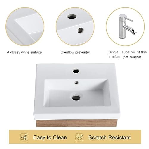 Malwee 18" Floating Bathroom Vanity with Sink, 18 Inch Single Sink Wall Mounted Bathroom Vanity, with 1 Door and White Ceramic Basin top, Modern Bath Wall-hung Storage Cabinet for Small Space(017-18) thumbnail 4