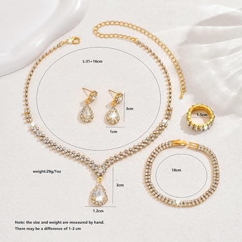 IS4U Rhinestone Water Drop Set for Women Bridal Wedding Vintage Colourful Crystal Zircon Statement Necklace Ring Earrings Bracelet Set Party Dress Ball Fashion Jewellery thumbnail 5