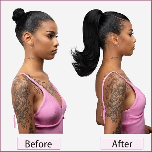 YUMOREAL Short Black Drawstring Ponytail Hair Extension for Black Women 14 Inch Straight Ponytail with End Curls Synthetic Fake Hairpieces thumbnail 4