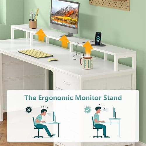 YOMILUVE 60 Inch Computer Desk with 8 Fabric Drawers, Gaming Desk with LED Lights & Power Outlets, Home Office Desk with Monitor Stand, White thumbnail 7