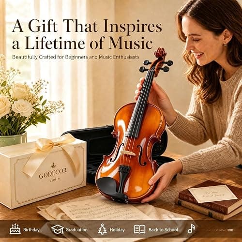 GODECOR Violin 4/4 Full Set for Beginners, Solid Spruce, Natural Matte | Fiddle with 5 Colors of Fingering Tape, Hard Case, Bow, Rosin, Tuner, Four Extra Strings, Two Bridges, Shoulder Rest thumbnail 7