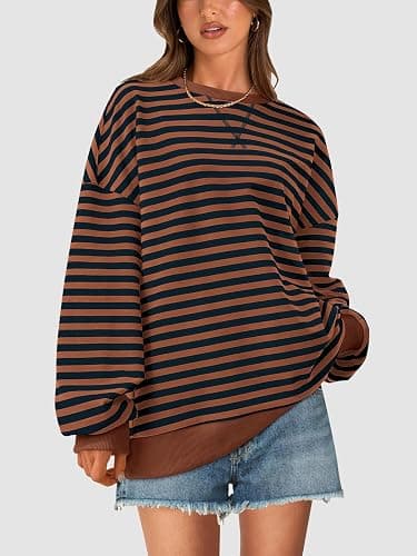 PRETTYGARDEN Womens Striped Oversized Sweatshirt Color Block Crew Neck Long Sleeve Casual Loose Pullover Top Y2K Clothes thumbnail 3