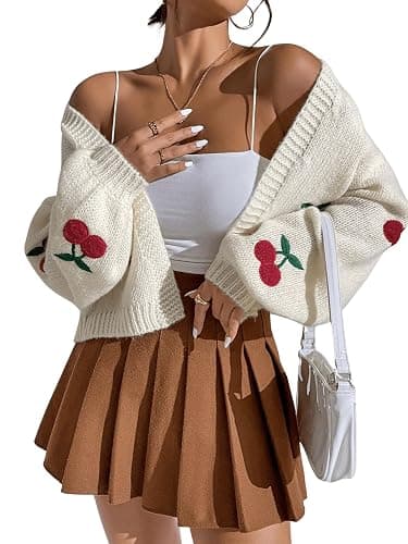 GORGLITTER Women's Cherry Cropped Cardigan Sweaters Open Front Long Sleeve Cute Chunky Knit Short Cardigan Trendy thumbnail 4