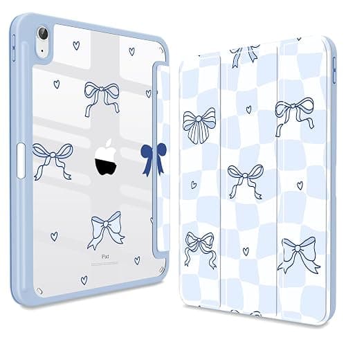 Teryeefi for iPad (A16) 11th Generation Case 2025 Release& iPad 10th 2022 | Protective Shell with Pencil Holder, Soft TPU+Crystal Hard Back Cover , Auto Sleep Stand, Cute Girly Blue Case (Grid Bows) - Image 1