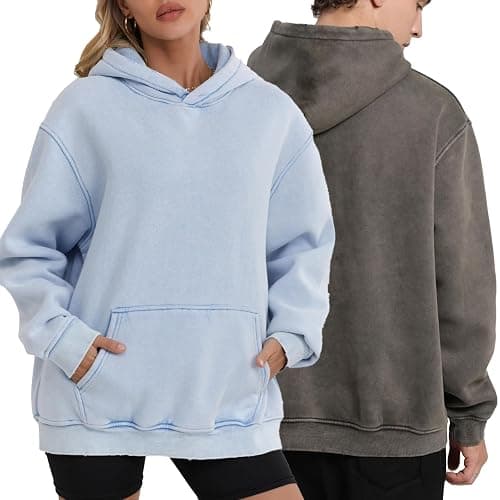 FAIABLE Womens 2 Pack Oversized Acid Wash Hoodie Sweatshirt Unisex Vintage Heavyweight Distress Hoodies for Women Men thumbnail 2