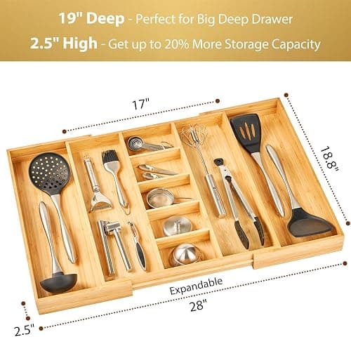 Umilife Extra Large Expandable Kitchen Drawer Organizer for Utensil and Junk, 19" Deep for Big Drawer, 17" to 28" Adjustable Bamboo Wood Drawer Divider, Cutlery Tray, Flatware Holder thumbnail 2