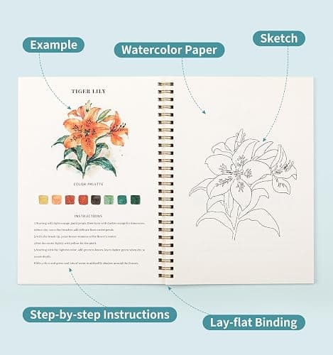 Watercolor Workbook, Water Coloring Book, 12 Different Patterns of Original DIY Designs, 50 Colors Watercolor Paint Set with Palette and Brush, Beginner-Friendly Watercolor Workbooks (Bouquets) thumbnail 4