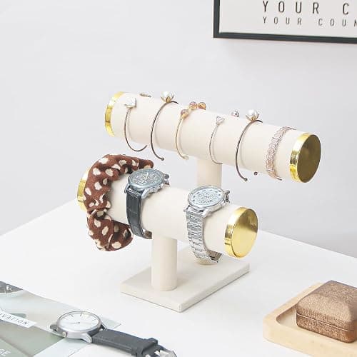 Justsoso 2 Tier Bracelet Holder Stand, Bangle Watches Display, Velvet Bracelet Jewelry Storage Organizer Rack, Hairband Scrunchie Show Tower Shop Selling or Home Use (Beige) thumbnail 6