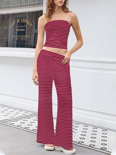 Tankaneo Womens Striped 2 Piece Set Summer Tube Tops Pants Matching Sets | Strapless Crop Tube,Elastic Waist Wide Leg Pants,Lounge Sets,Sleeveless Tank,Slim Fit,Vacation Beach Outfits,Cute,Y2k thumbnail 3