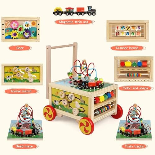 Wooden Activity Cube 7-in-1 Montessori Toys for 1+ Year Old Boys Girls Educational Learning Toys for Toddlers Age 1-2 One Year Old First Birthday Gift Bead Maze Magnetic Trains Track Shape Sorter thumbnail 4