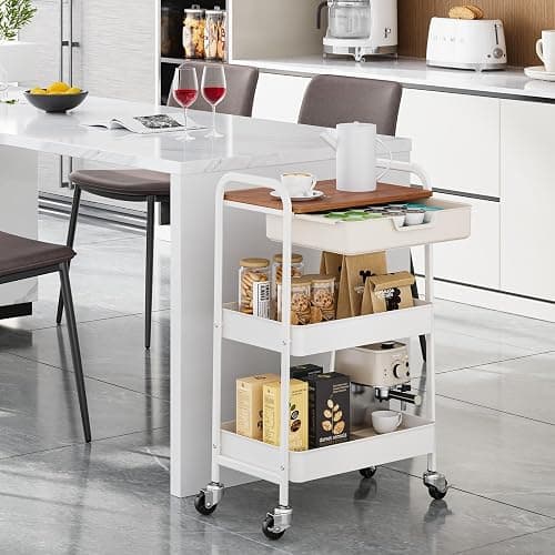 TOOLF 3 Tier Rolling Cart with Drawer, Metal Utility Storage Cart, White | Wooden Tabletop, Lockable Metal Wheels, Trolley Organizer for Bathroom, Kitchen, Office, Nursery, Dorm, Laundry, Craft Room thumbnail 2