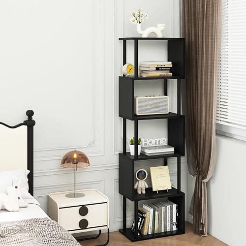IBUYKE 6-Tier Tall Bookshelf,S-Shaped Geometric Bookcase, Wood Display Shelves with Storage,Modern Bookshelf for Living Room Bedroom, Home Office, Black WBC016B thumbnail 2