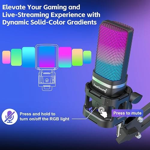 Gaming USB Microphone for PC Phone,ZealSound Noise Cancellation Condenser Mic Kit,RGB,Boom Arm Stand &Tripod,Quick Mute,Gain,Pop Filter for Computer,PS 4&5,Mac,Streaming,Podcast,Twitch,YouTube,Discord - Black thumbnail 3