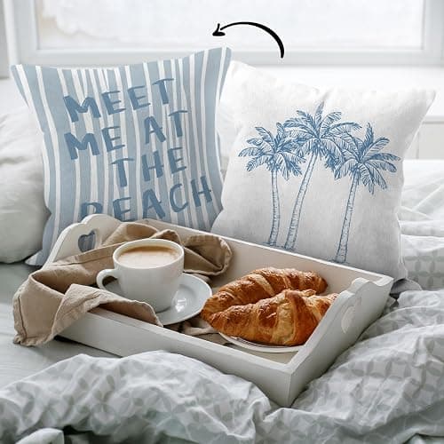 HIWX Tropical Coastal Beach Pillow Covers 18x18 Double-Sided, Coastal Beachy Room Decor Aesthetic, Palm Tree Meet Me at The Beach Decorative Pillow Covers for Couch Bed Home Bedroom Decor thumbnail 7