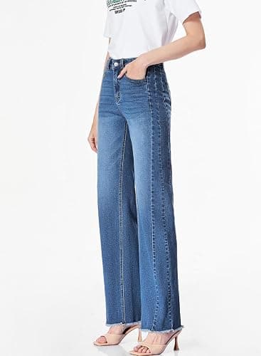 Sidefeel Women's Wide Leg Jeans High Waisted Strechy Raw Hem Zimbaplatinum Denim Pants thumbnail 7