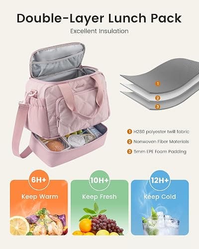 LOVEVOOK Insulated Lunch Bags for Women, Double Deck Pink Lunch Box | Quilted Puffer Lunch Bag Women, Fit and Fresh, Wide Opening Loncheras Para Mujer, Large Lunch Cooler For Work Travel Teacher thumbnail 4