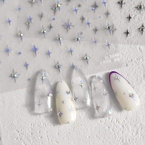 2 Sheets Star Nail Stickers 5D Embossed Nail Decals for Nail Art Self Adhesive Silver Aurora Star Nail Art Stickers with Glitter Shiny Nail Design Supplies for DIY Manicure for Women Girls - Image 1