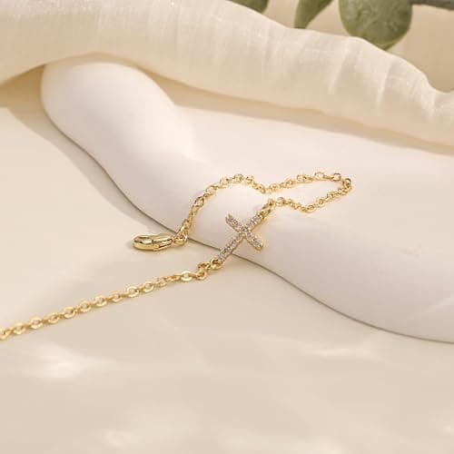 Gold Bracelets for Women,Dainty Gold Cross Bracelet 14K Gold Plated Beaded Bracelets for Women Trendy Bracelet Stack Pearl Bracelet Set Waterproof Chain Bracelet Gold Jewelry for Women Baptism Gifts thumbnail 5