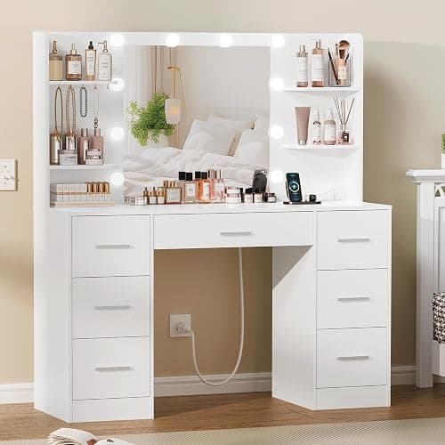 Quimoo Large Vanity Desk with LED Lighted Mirror & Power Outlet,Makeup Vanity Table with 7 Drawers,4 Shelves and 5 Hooks,Vanity Table, Vanity Desk Set for Bedroom,Bathroom,White thumbnail 4