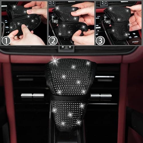 NBTEPEM 12 Pcs Bling Car Accessories Set for Women Car Floor Mats Full Set Steering Wheel Cover Seat Belt Covers Coasters Universal Fit Car SUV Truck Van Black thumbnail 6