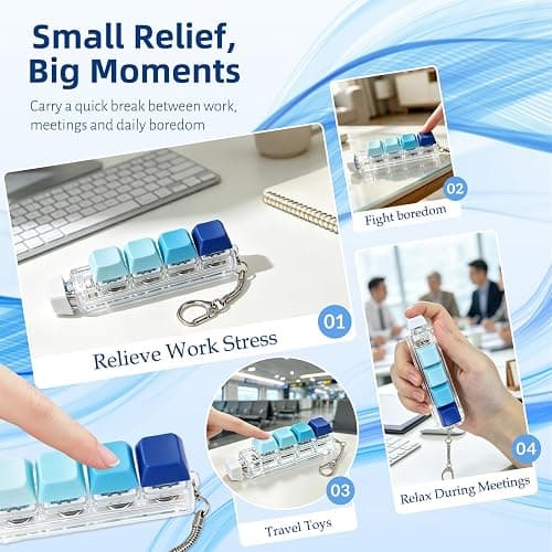 Keyboard Fidget Toy, 5-in-1 Decompression Button Clicker Keychain with Glowing LED, Portable Tactile Sensory Toy, Christmas Stocking Stuffers Gift for Adults Teens, Stress Relief ASMR (Blue) thumbnail 6