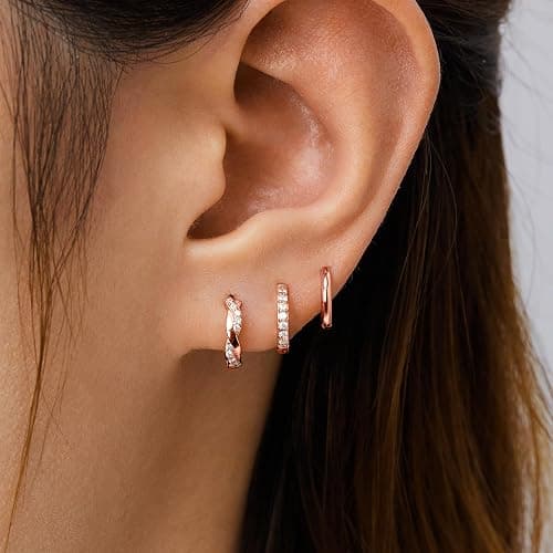 Inerney Gold Huggie Hoop Earrings Set for Women, Dainty Small Sterling Silver Earring for Multiple Piercing Hypoallergenic Jewelry, Trendy Twisted CZ Cartilage Earings for Women's Mother Gifts 3Pairs thumbnail 8