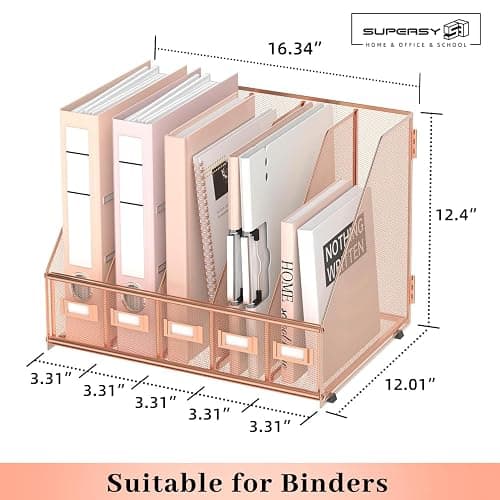 SUPEASY Desk Organizers Metal Desk Magazine File Holder with 5 Vertical Compartments Rack File Organizer for Office Desktop, Home Workspace, Rose Gold, Plus thumbnail 2