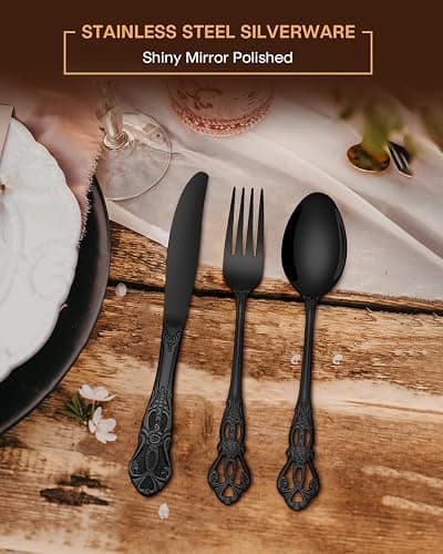 EUIRIO 40 Pieces Black Silverware Set, Royal Retro Flatware Set for 8, Stainless Steel Cutlery Set with Luxury Forks Spoons and Knives, Utensils Set Mirror Polished, Dishwasher Safe thumbnail 6