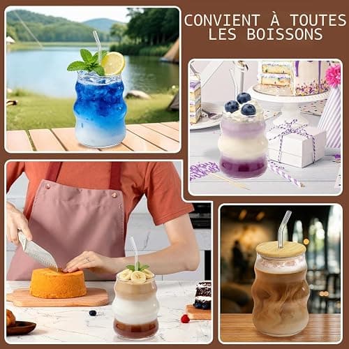 xuefenfei 530ml Verres à Bulles Avec Paille, Lot de 2 Verre Matcha, Tasses en Verre Nervuré Café avec Brosse, pour Latte Macchiato, Café Glacé, Thé, Glace, Lait, Jus, Soda thumbnail 7