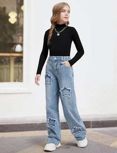 Fulihug Jeans for Girls Baggy Wide Leg Cute Bow High Elastic Waisted Denim Pants Y2K Boyfriend Skater Streetwear 7-14Y thumbnail 2