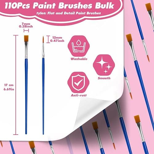 ZRLEI Small Paint Brushes Bulk, 110 Pcs Flat Tip Round Acrylic Paint Brushes for Kids Classroom Acrylic Watercolor Canvas Face Painting Touch Up thumbnail 2