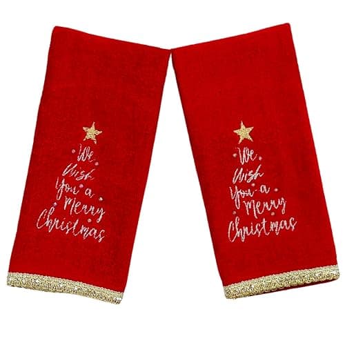 Serafina Home Holiday Christmas Bath Fingertip Towels, Embroidered Gold We Wish You a Merry Christmas with Gold Lace Hem, 2 Piece Set, 12 x 18 inches, 100% Cotton thumbnail 4